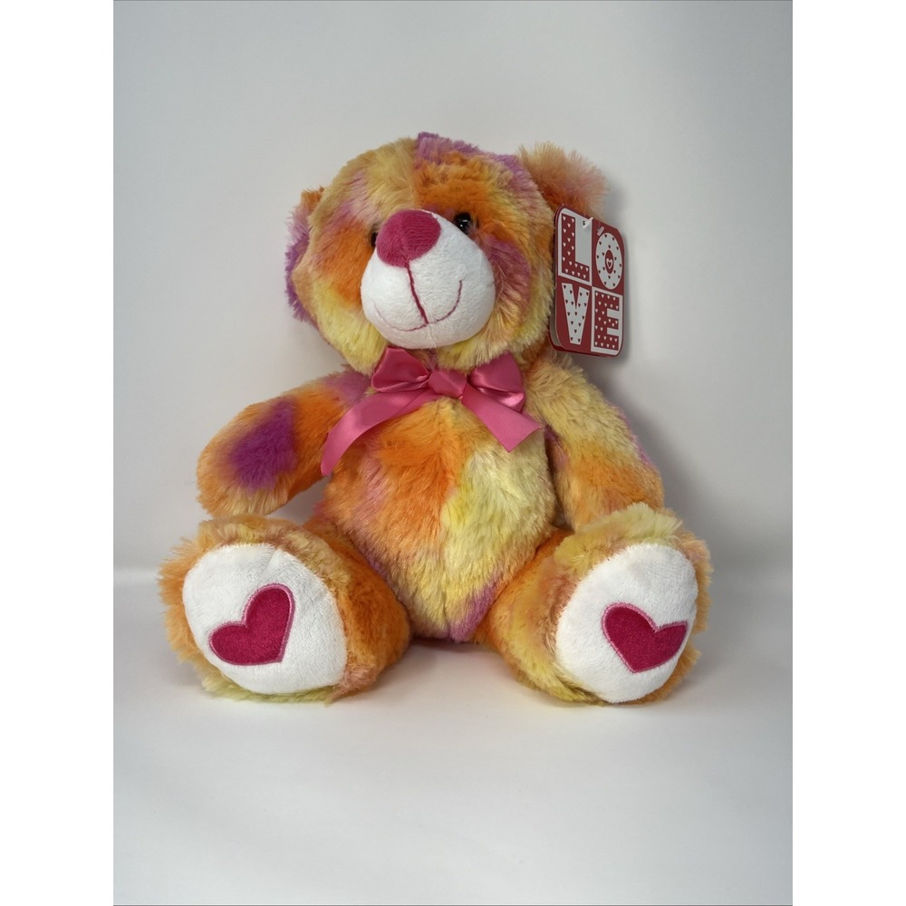 Kellytoy 12" Plush Tye‎ Dye Bear Stuffed Hot Pink Bow Heart Embriodery on Paw